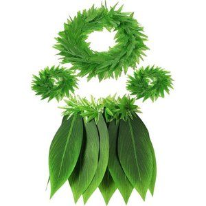Hawaiian Leaf Hula Skirt and Leis Set Include Tropical Fern Leaf Headband